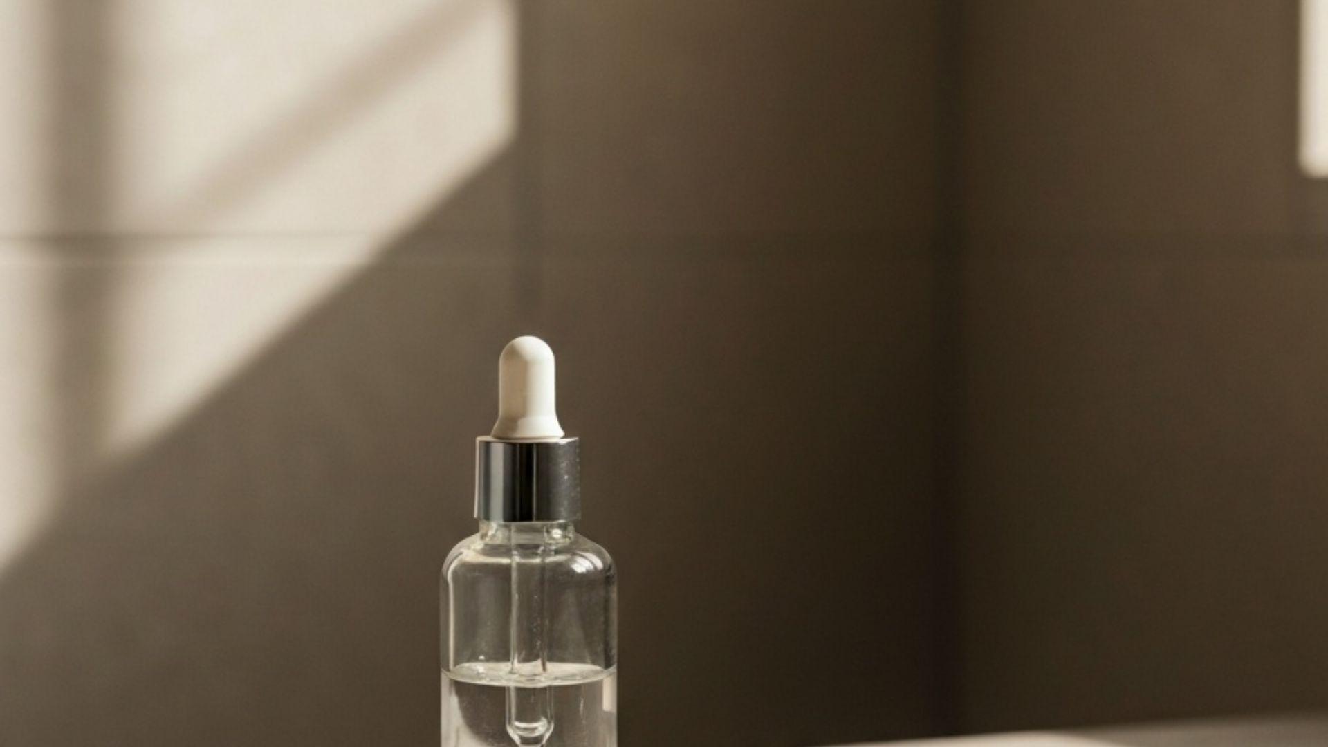 Hårvekst-serum med pipette på en lys steinbenk, mykt morgenlys