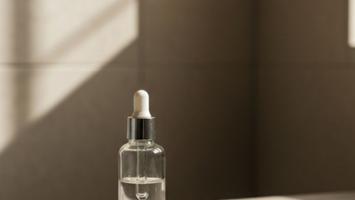 Hårvekst-serum med pipette på en lys steinbenk, mykt morgenlys