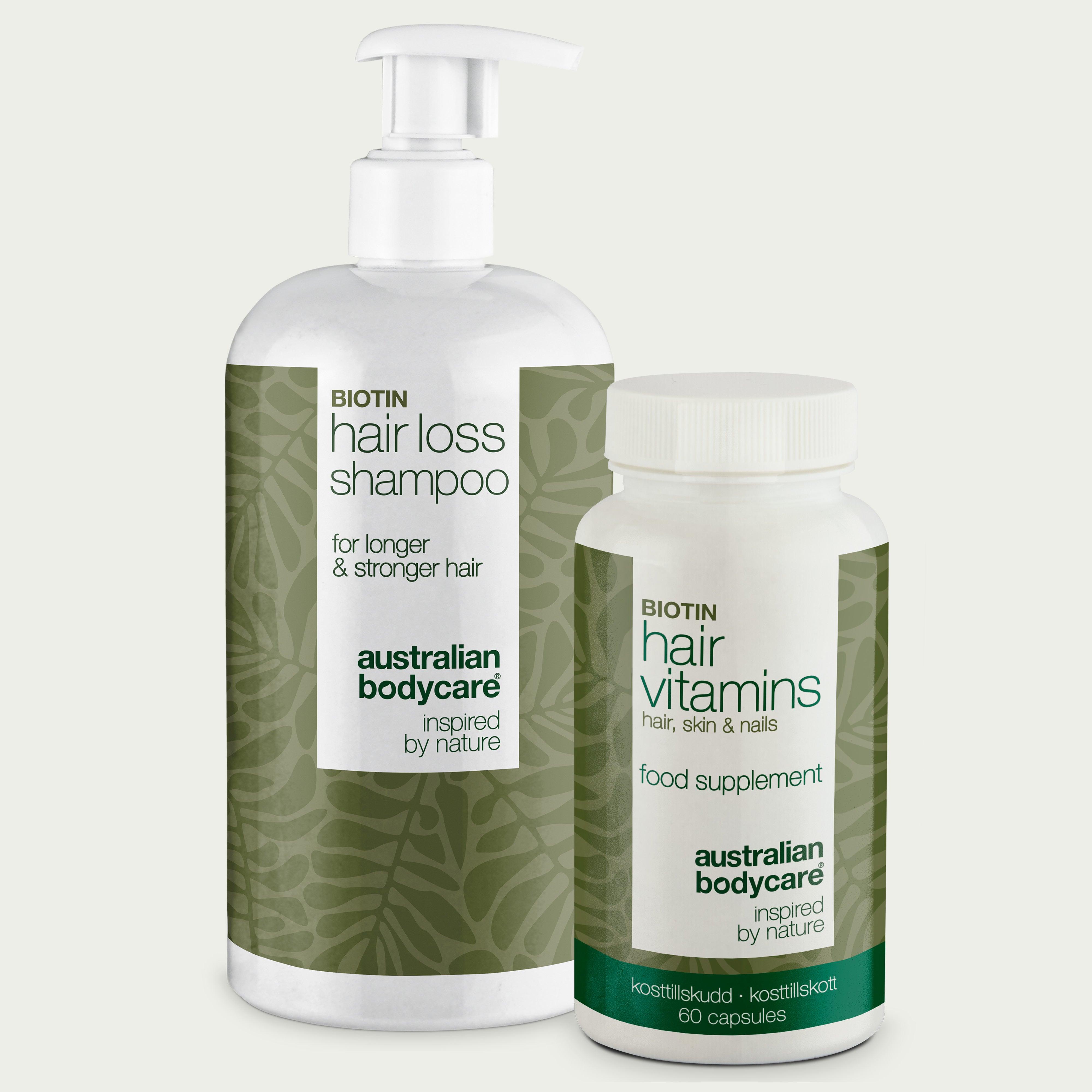 Australian Bodycare biotin sjampo og hårvitaminer pakke mot hvit bakgrunn